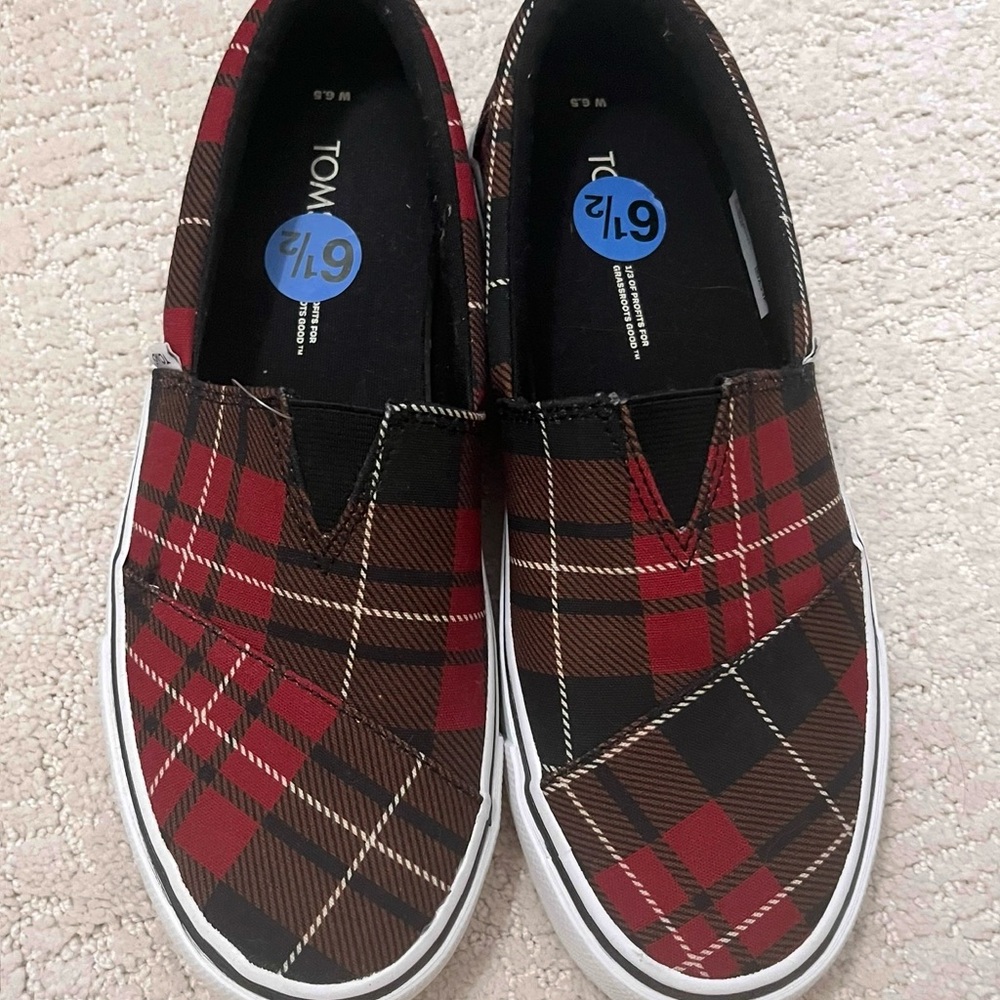TOMS Plaid Slip-On Shoes - Red and Black